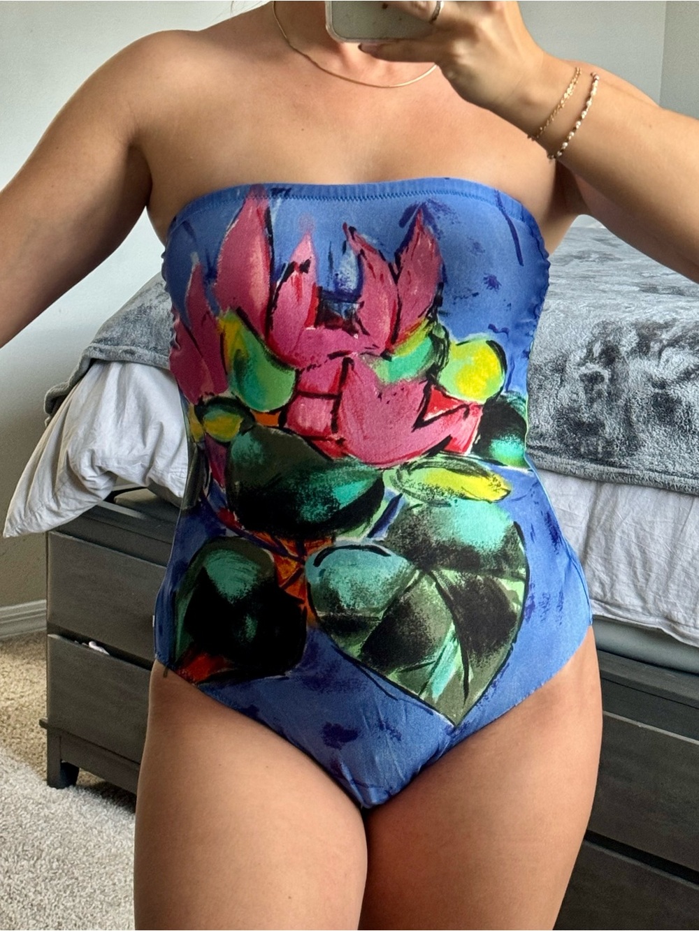 Rare Vintage 80s Gottex Strapless Floral One Piece Swimsuit Small Blue Tropical